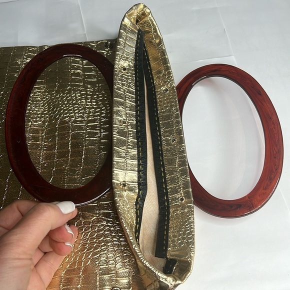 Vintage Lady's Pride Gold Croc Embossed  Folding Lucite Double Handle Tote Bag - Picture 6 of 11